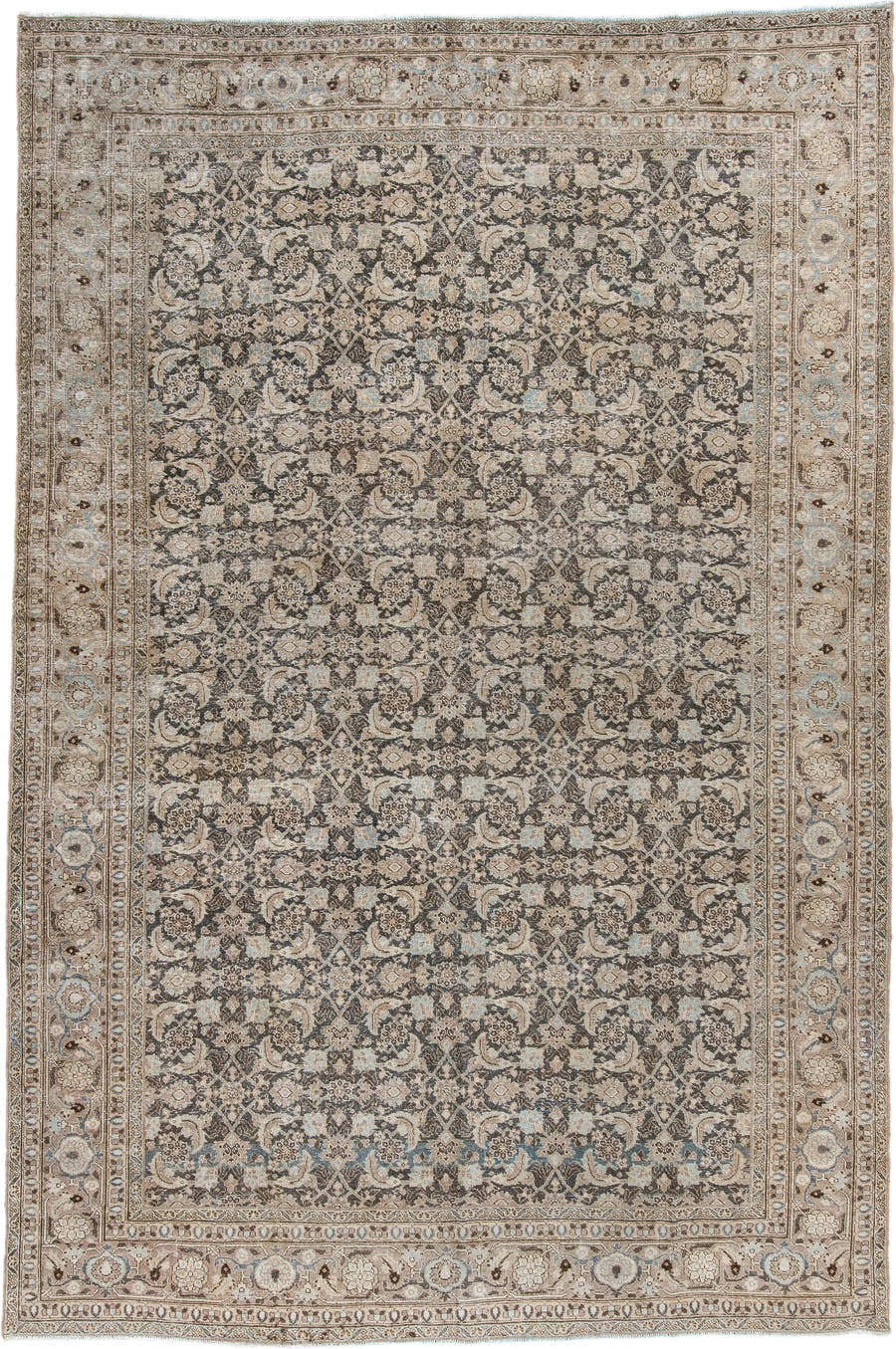 7' x 10' one-of-a-kind handmade antique Tabriz large size rug. Color palette: taupe, ivory, charcoal, pale blue, brown