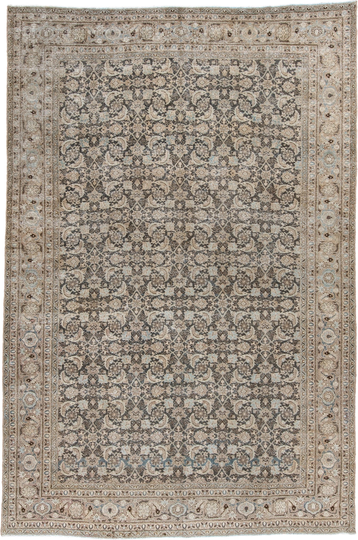 7' x 10' one-of-a-kind handmade antique Tabriz large size rug. Color palette: taupe, ivory, charcoal, pale blue, brown