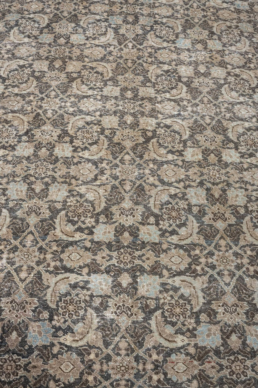 7' x 10' one-of-a-kind handmade antique Tabriz large size rug. Color palette: taupe, ivory, charcoal, pale blue, brown