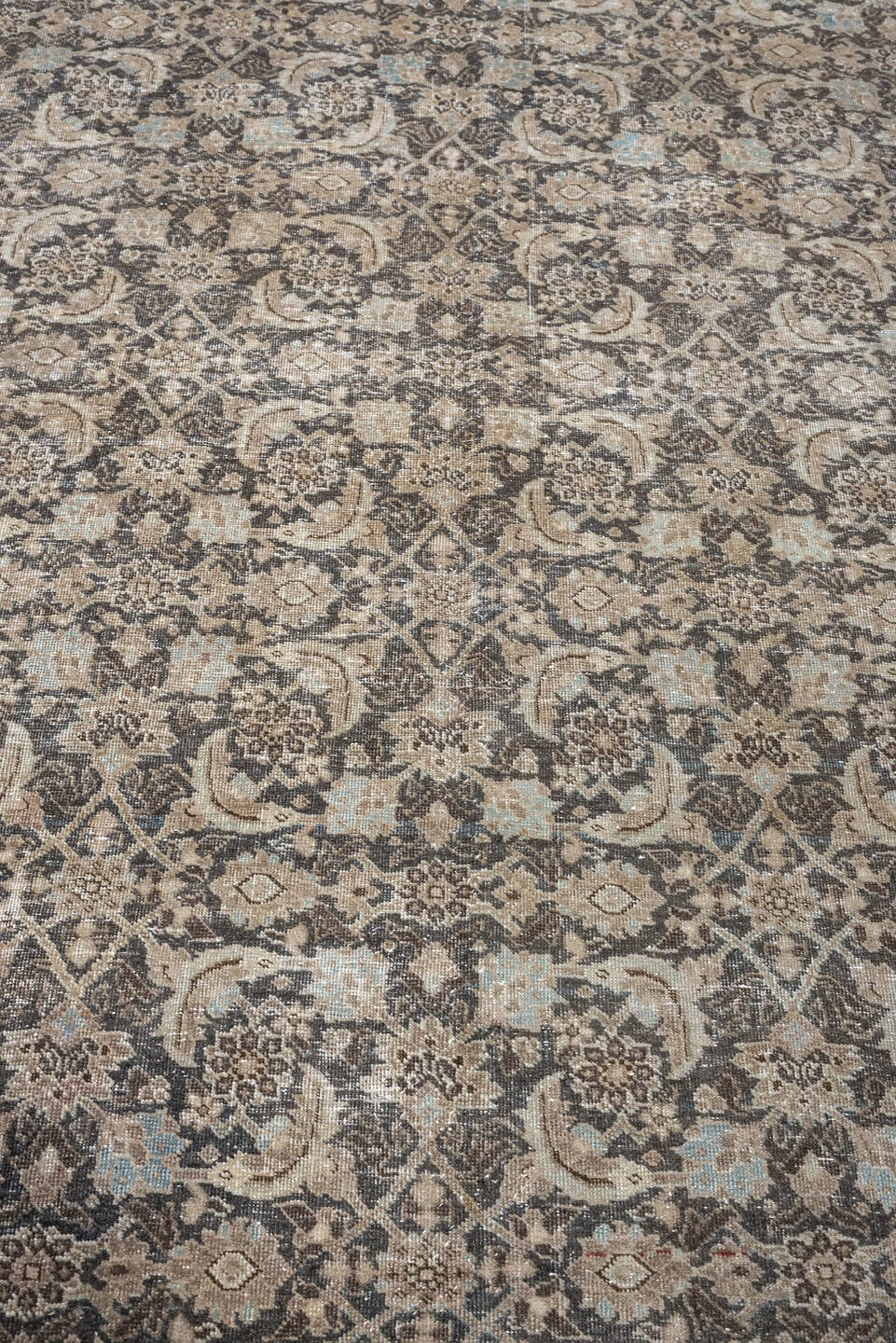 7' x 10' one-of-a-kind handmade antique Tabriz large size rug. Color palette: taupe, ivory, charcoal, pale blue, brown