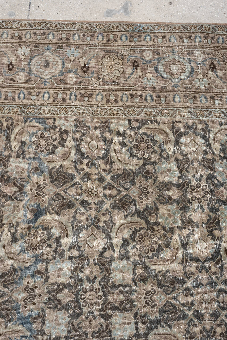 7' x 10' one-of-a-kind handmade antique Tabriz large size rug. Color palette: taupe, ivory, charcoal, pale blue, brown