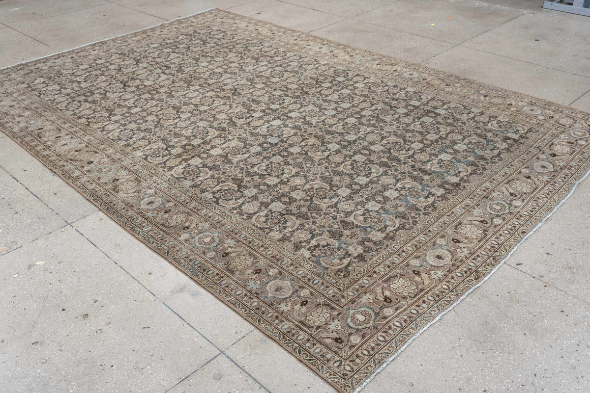 7' x 10' one-of-a-kind handmade antique Tabriz large size rug. Color palette: taupe, ivory, charcoal, pale blue, brown
