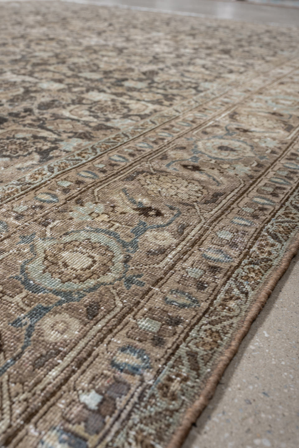 7' x 10' one-of-a-kind handmade antique Tabriz large size rug. Color palette: taupe, ivory, charcoal, pale blue, brown