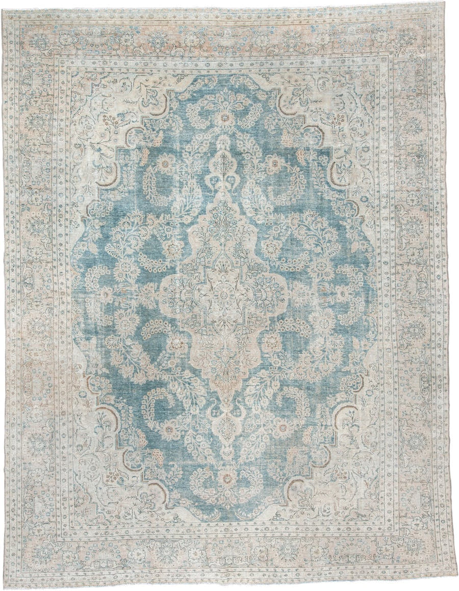 10' x 14' one-of-a-kind handmade antique Lilian oversize rug. Color palette: aqua, ivory, pale beige, taupe, soft blue, sage