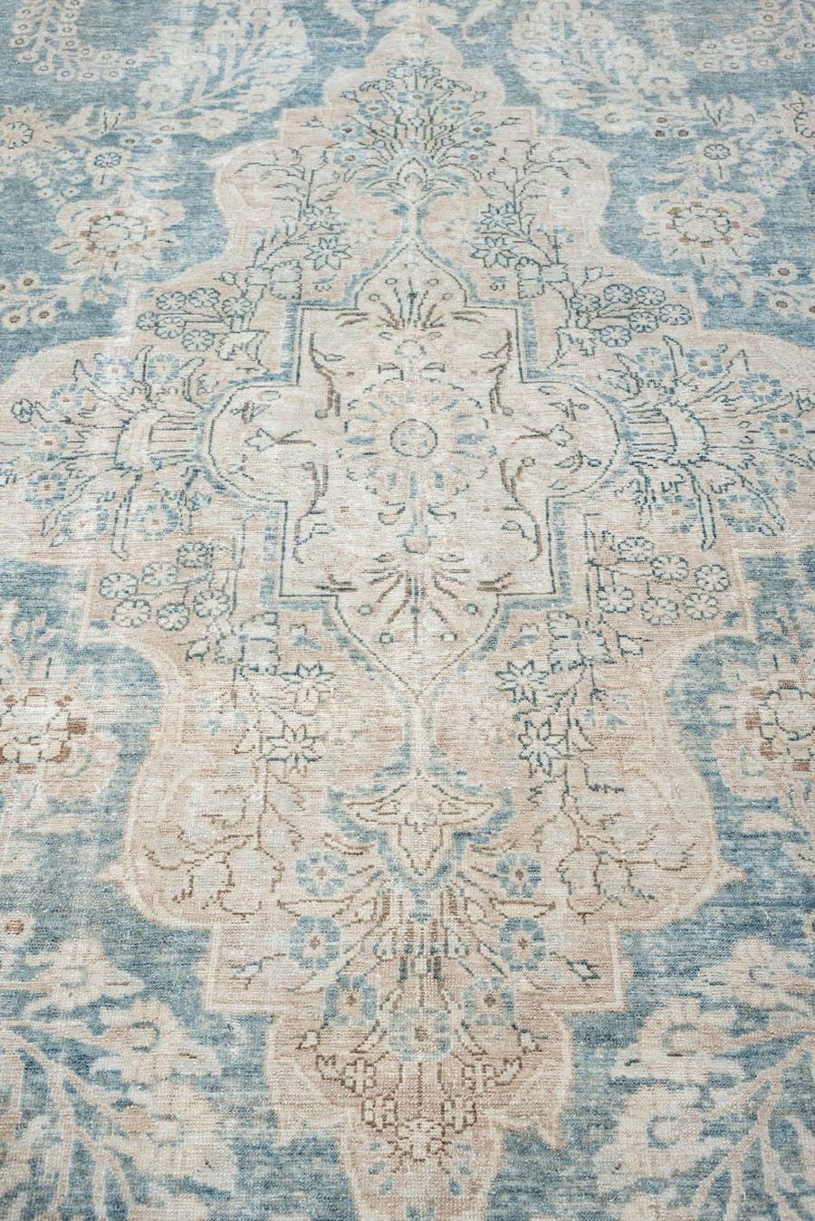 10' x 14' one-of-a-kind handmade antique Lilian oversize rug. Color palette: aqua, ivory, pale beige, taupe, soft blue, sage
