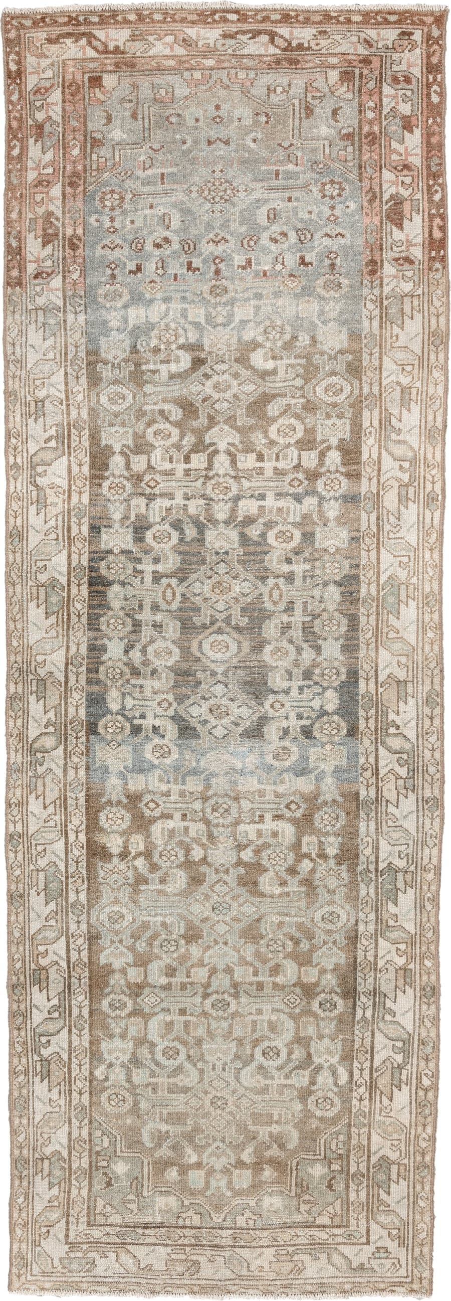 3' x 9' one-of-a-kind handmade antique Malayer runner rug. Color palette: taupe, ivory, blue gray, terracotta, camel, sage