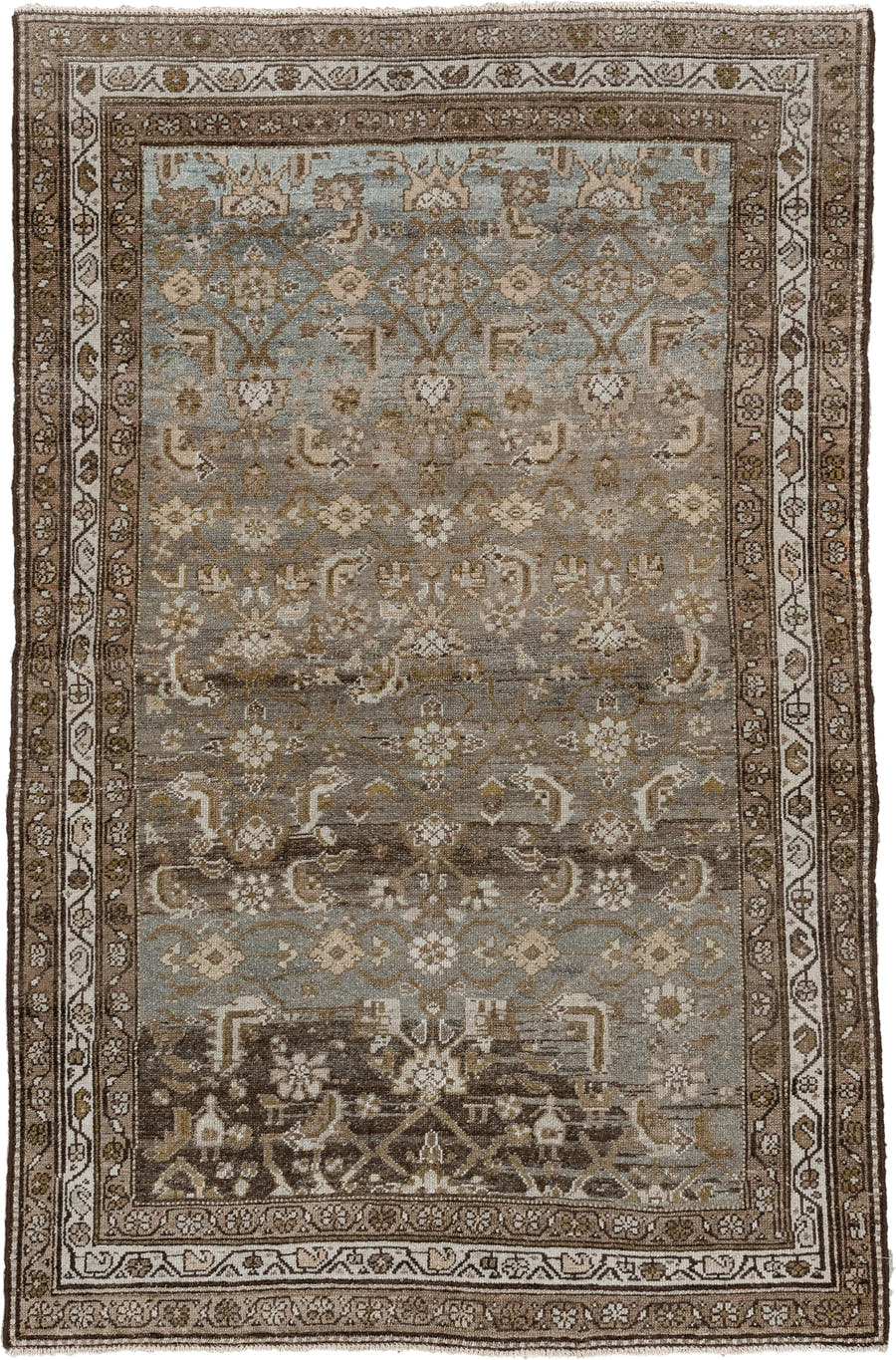 4' x 6' one-of-a-kind handmade antique Malayer rug. Color palette: brown, blue gray, ivory, taupe, camel, charcoal, olive