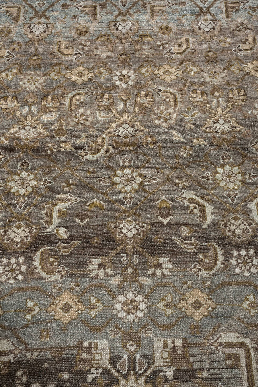 4' x 6' one-of-a-kind handmade antique Malayer rug. Color palette: brown, blue gray, ivory, taupe, camel, charcoal, olive