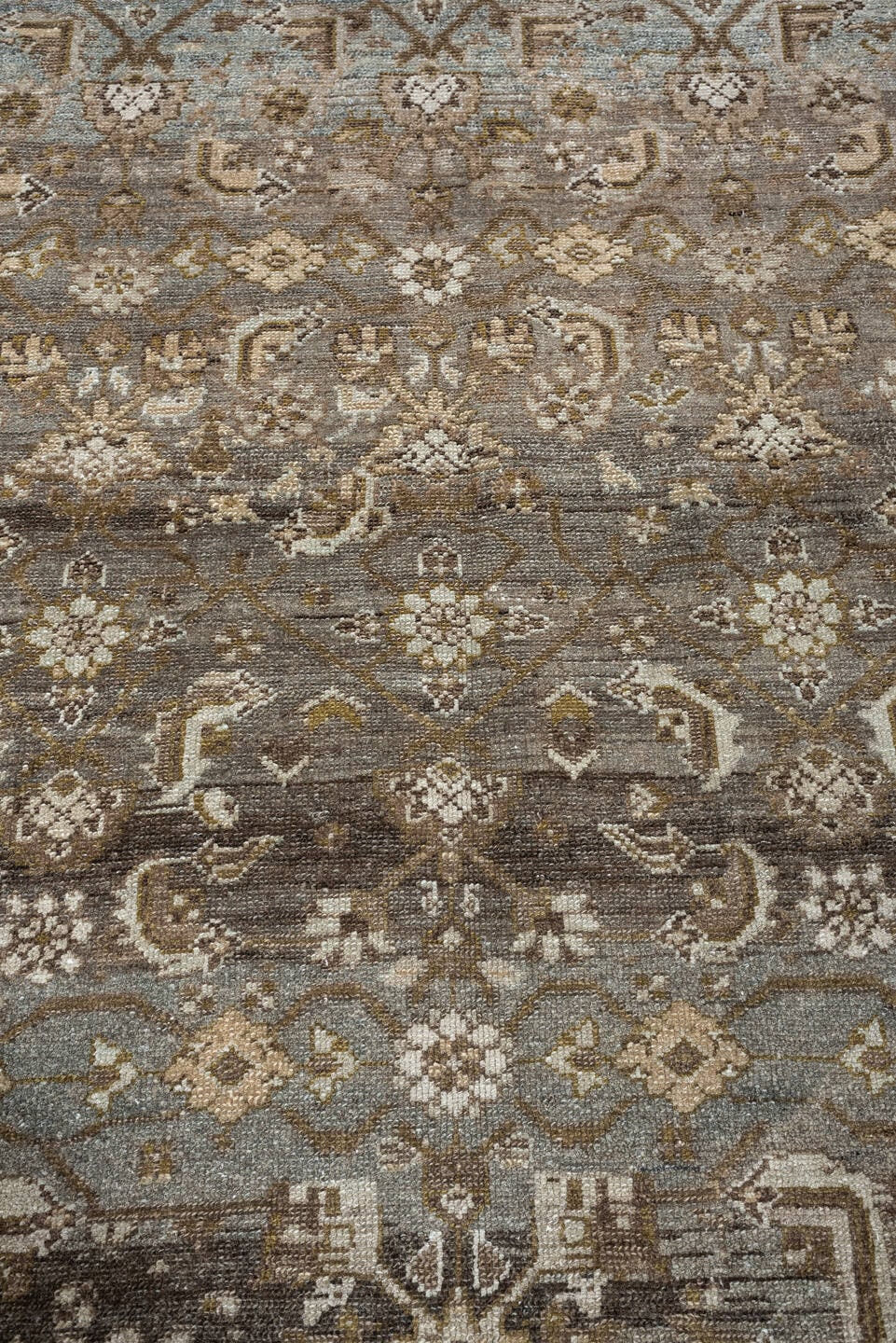 4' x 6' one-of-a-kind handmade antique Malayer rug. Color palette: brown, blue gray, ivory, taupe, camel, charcoal, olive