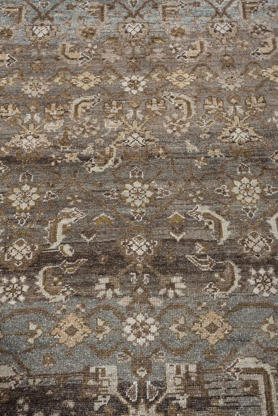 4' x 6' one-of-a-kind handmade antique Malayer rug. Color palette: brown, blue gray, ivory, taupe, camel, charcoal, olive
