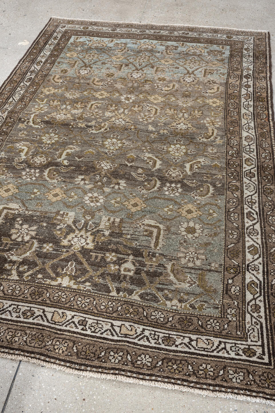 4' x 6' one-of-a-kind handmade antique Malayer rug. Color palette: brown, blue gray, ivory, taupe, camel, charcoal, olive