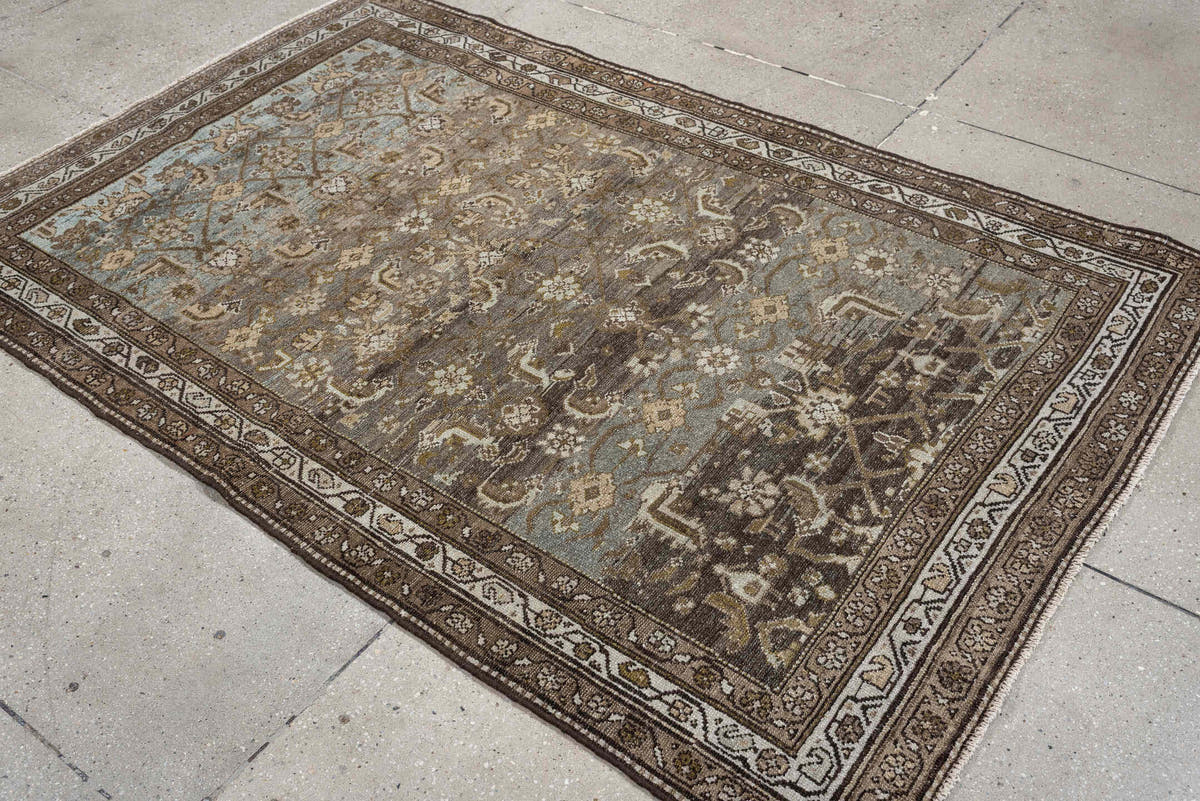 4' x 6' one-of-a-kind handmade antique Malayer rug. Color palette: brown, blue gray, ivory, taupe, camel, charcoal, olive