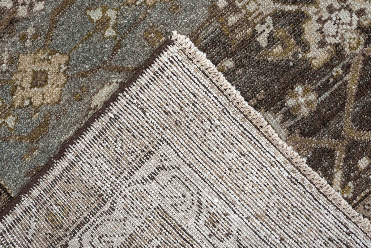4' x 6' one-of-a-kind handmade antique Malayer rug. Color palette: brown, blue gray, ivory, taupe, camel, charcoal, olive