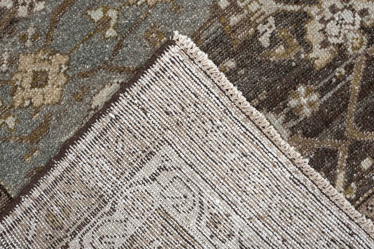 4' x 6' one-of-a-kind handmade antique Malayer rug. Color palette: brown, blue gray, ivory, taupe, camel, charcoal, olive