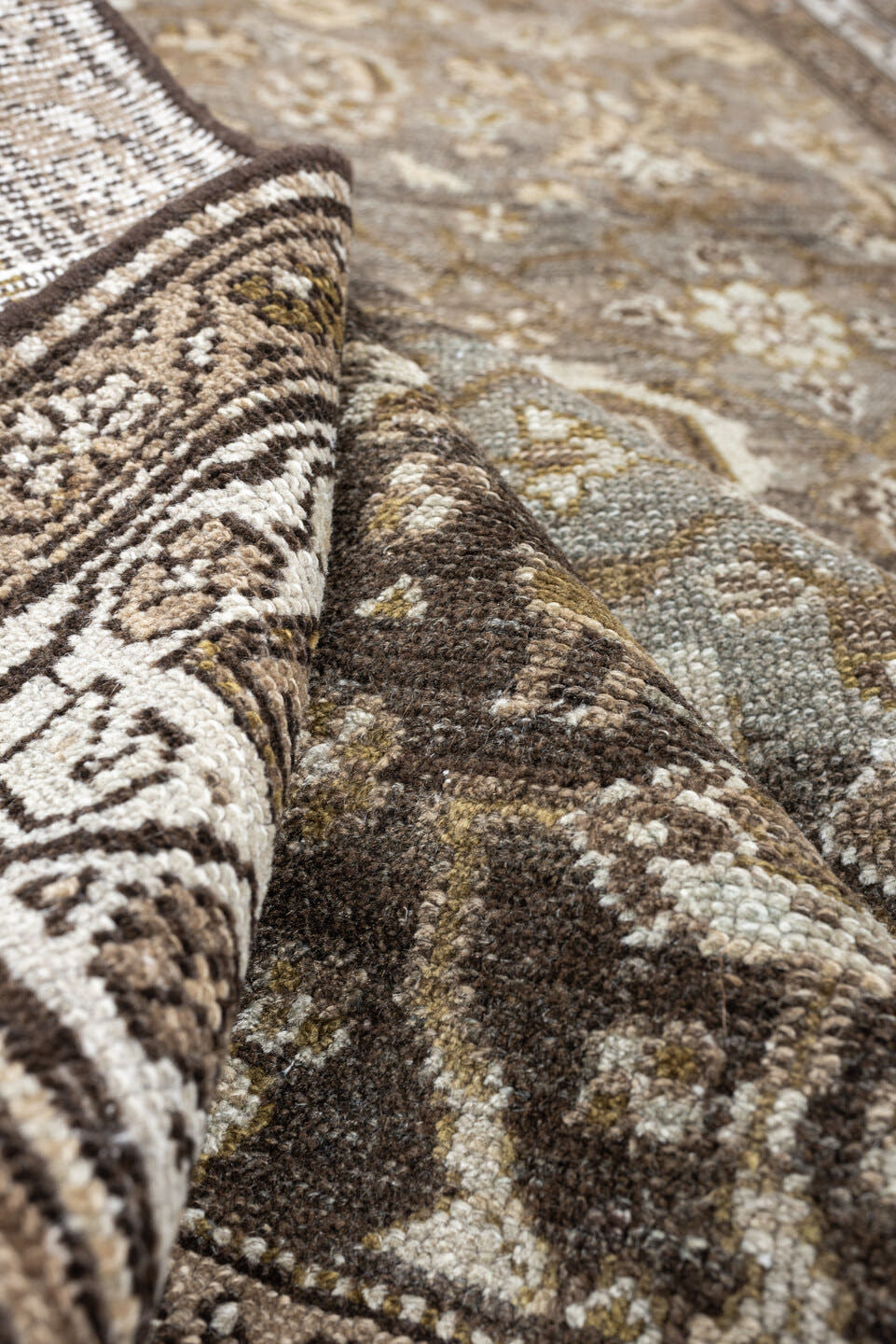 4' x 6' one-of-a-kind handmade antique Malayer rug. Color palette: brown, blue gray, ivory, taupe, camel, charcoal, olive
