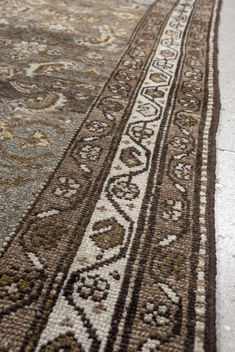 4' x 6' one-of-a-kind handmade antique Malayer rug. Color palette: brown, blue gray, ivory, taupe, camel, charcoal, olive