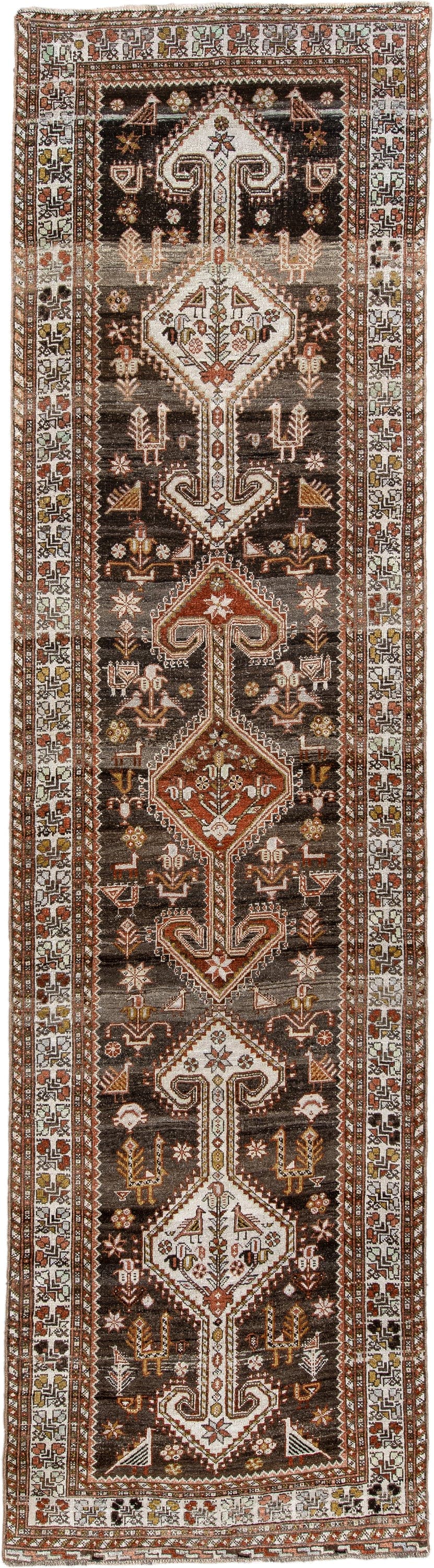3' x 12' one-of-a-kind handmade antique Shiraz runner rug. Color palette: dark brown, ivory, rust, terra cotta, charcoal