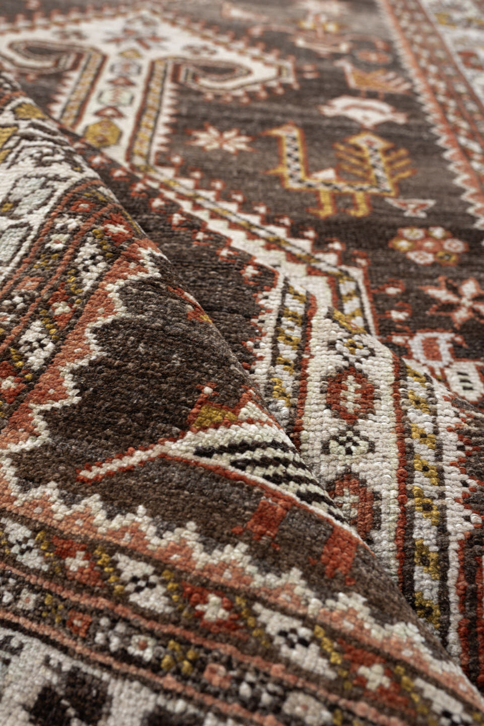 3' x 12' one-of-a-kind handmade antique Shiraz runner rug. Color palette: dark brown, ivory, rust, terra cotta, charcoal