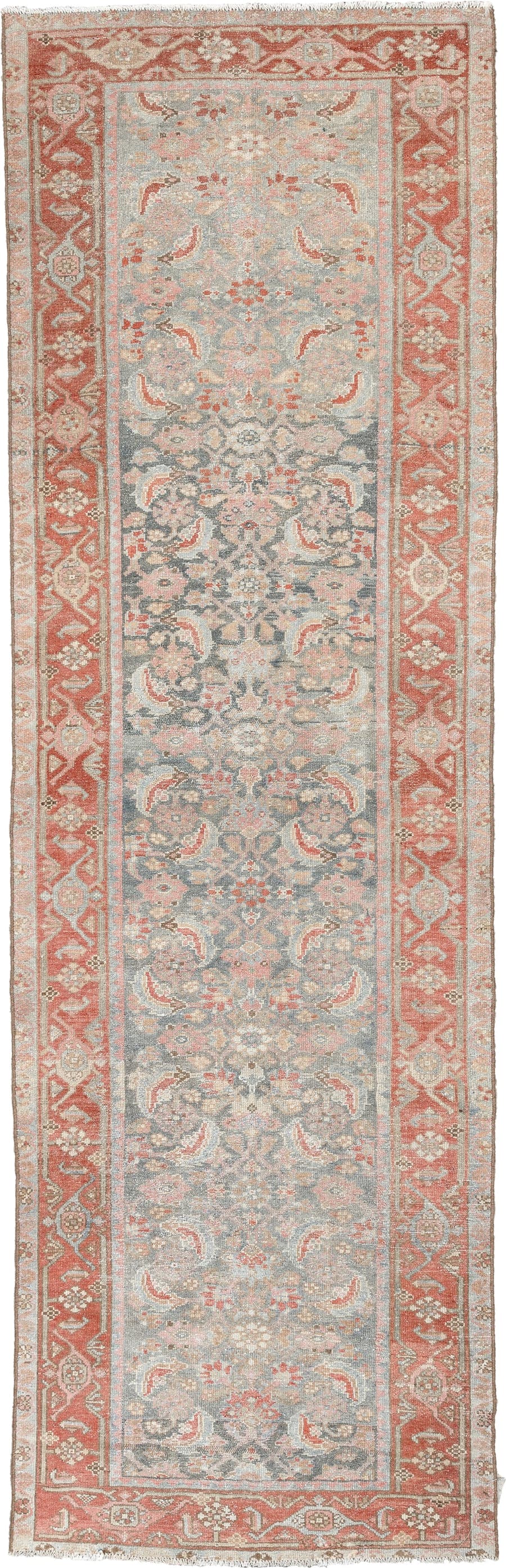 3' x 9' one-of-a-kind handmade antique Malayer runner rug. Color palette: blue gray, terracotta, ivory, coral, sage