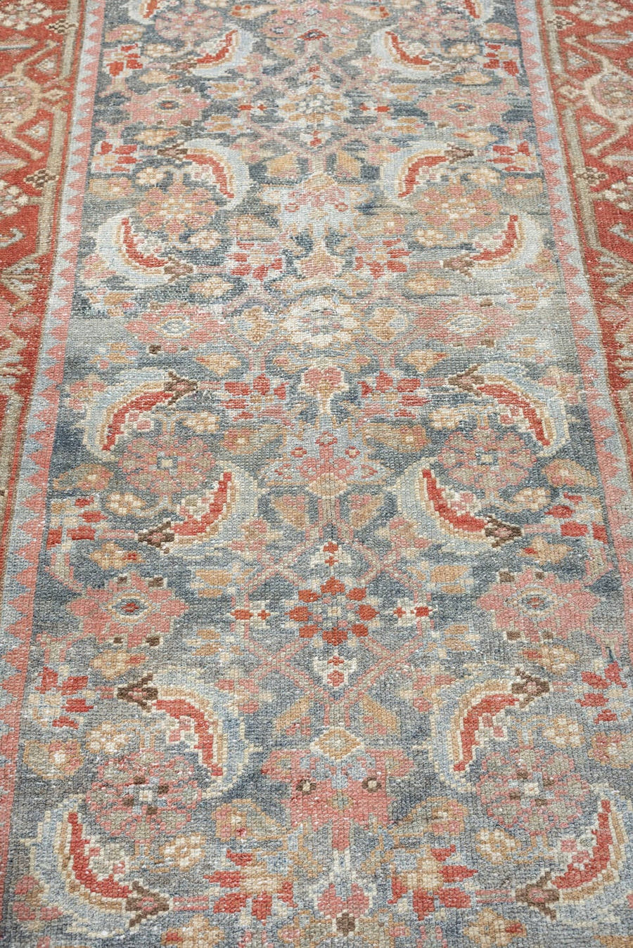 3' x 9' one-of-a-kind handmade antique Malayer runner rug. Color palette: blue gray, terracotta, ivory, coral, sage