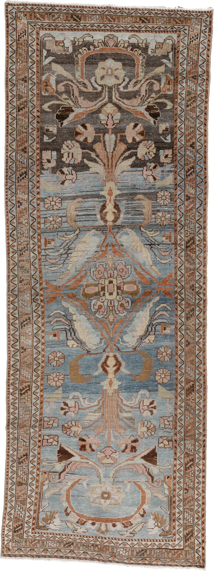 3' x 9' one-of-a-kind handmade antique Farahan runner rug. Color palette: blue gray, ivory, terracotta, charcoal, taupe