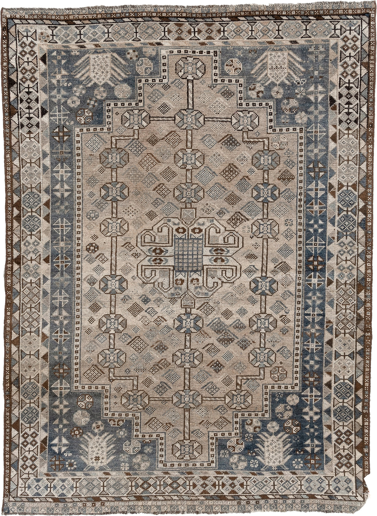 3' x 5' one-of-a-kind handmade antique Shiraz small size rug. Color palette: ivory, slate blue, taupe, brown, charcoal
