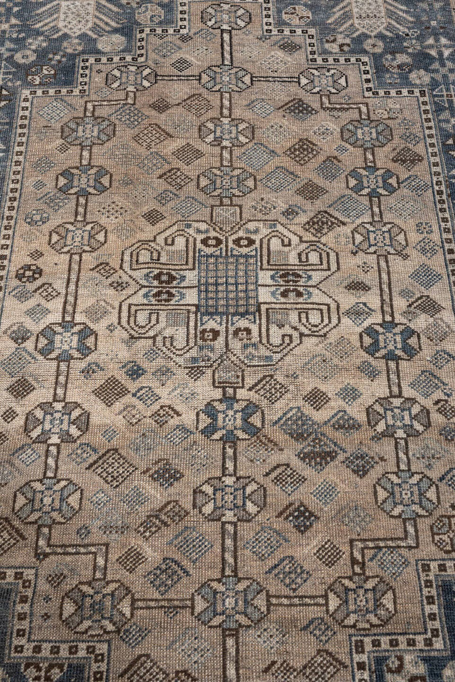 3' x 5' one-of-a-kind handmade antique Shiraz small size rug. Color palette: ivory, slate blue, taupe, brown, charcoal