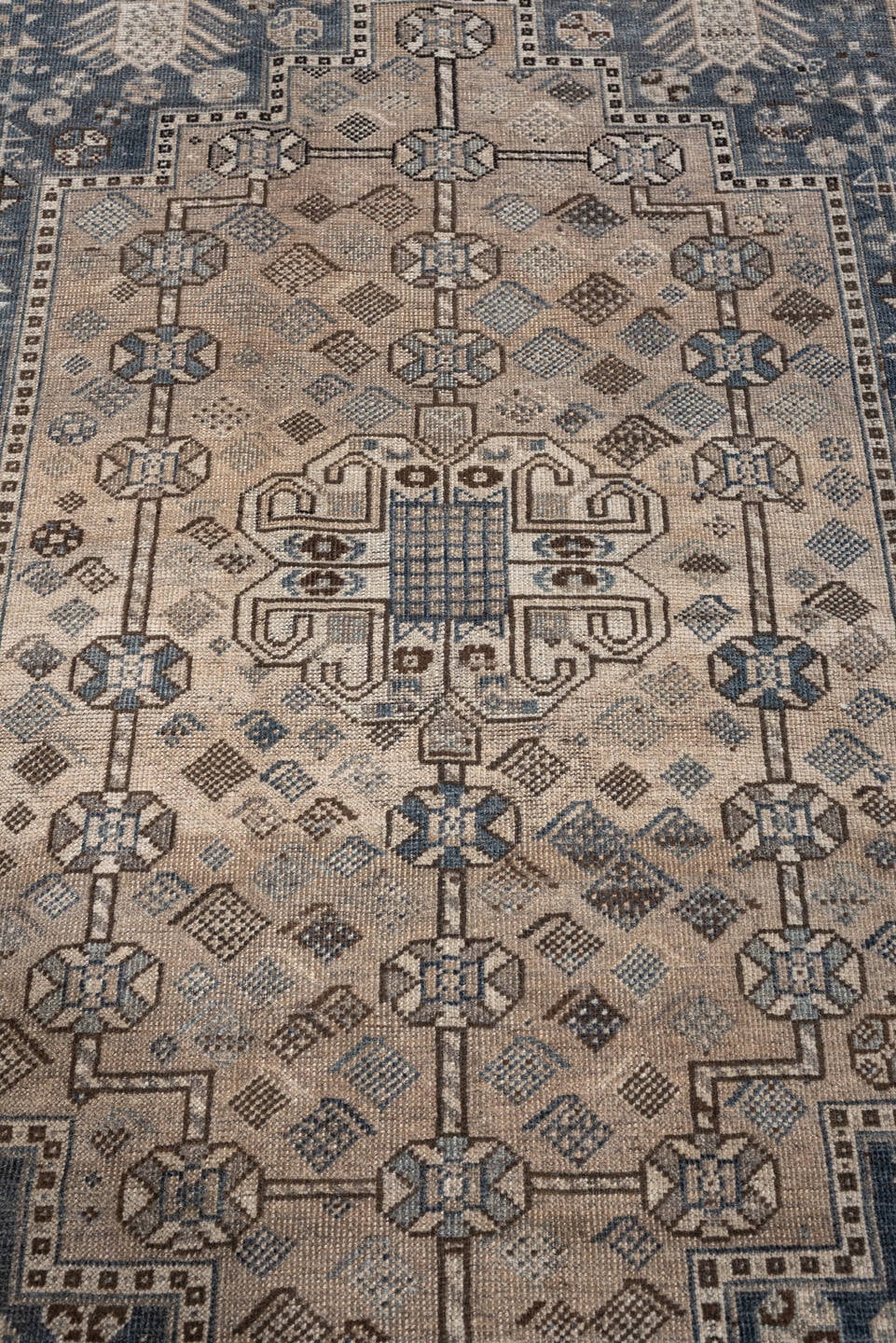 3' x 5' one-of-a-kind handmade antique Shiraz small size rug. Color palette: ivory, slate blue, taupe, brown, charcoal