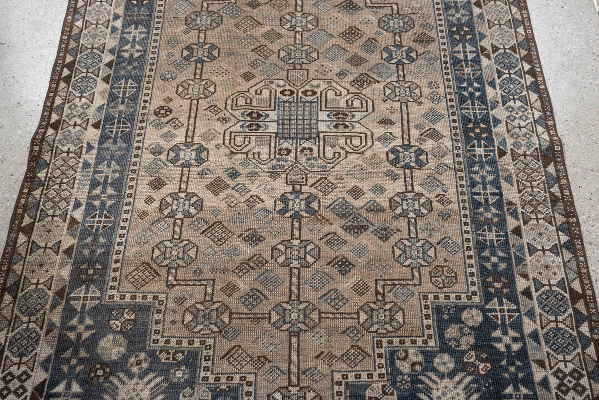 3' x 5' one-of-a-kind handmade antique Shiraz small size rug. Color palette: ivory, slate blue, taupe, brown, charcoal