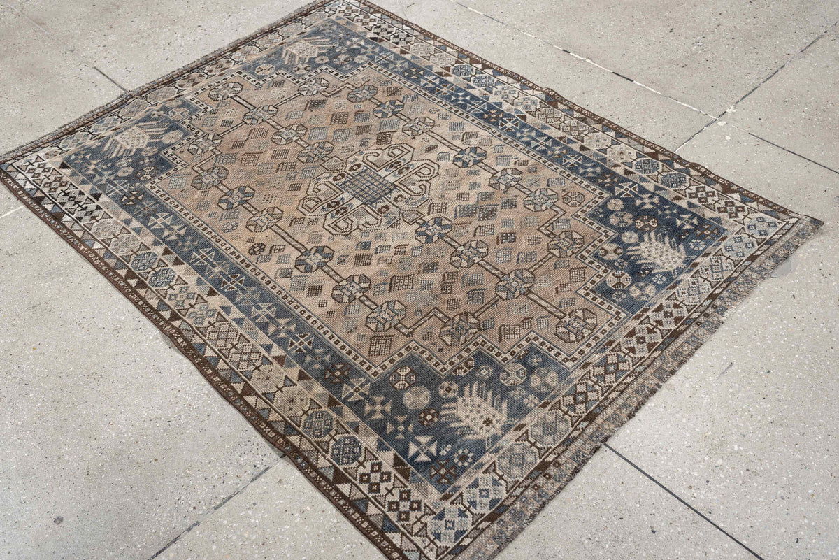 3' x 5' one-of-a-kind handmade antique Shiraz small size rug. Color palette: ivory, slate blue, taupe, brown, charcoal