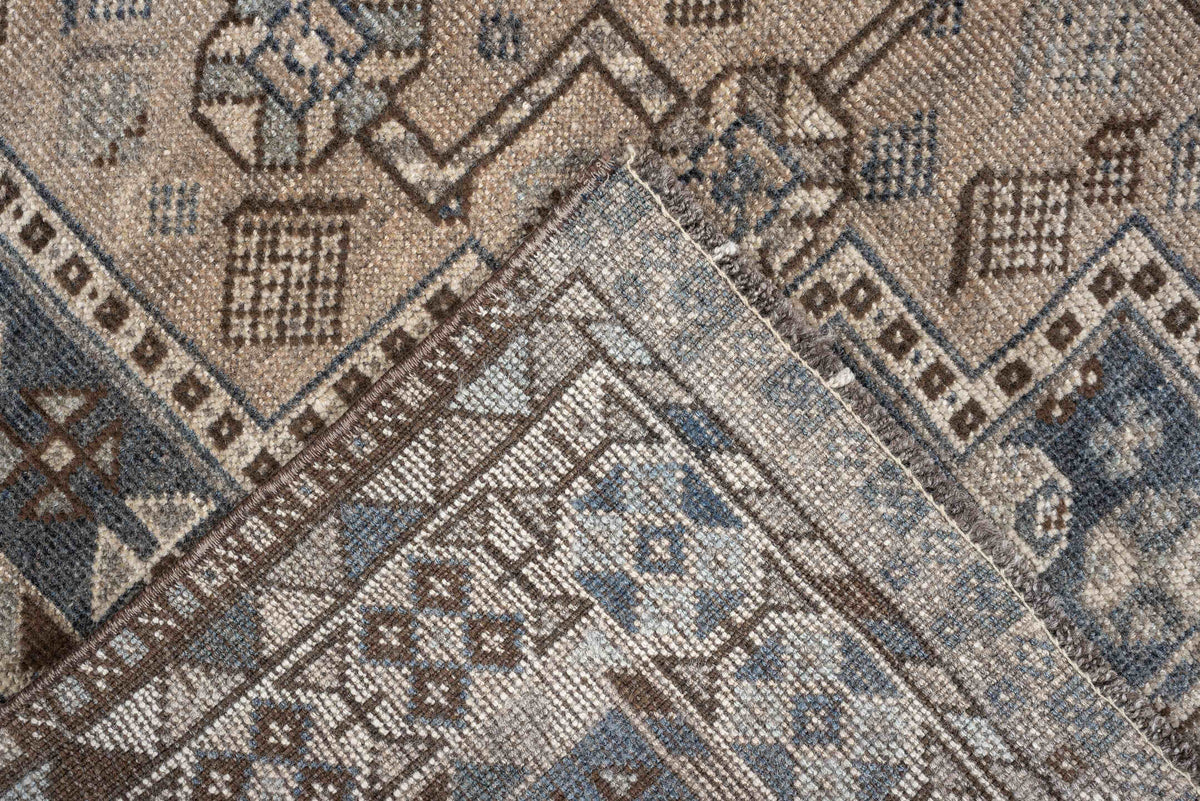 3' x 5' one-of-a-kind handmade antique Shiraz small size rug. Color palette: ivory, slate blue, taupe, brown, charcoal