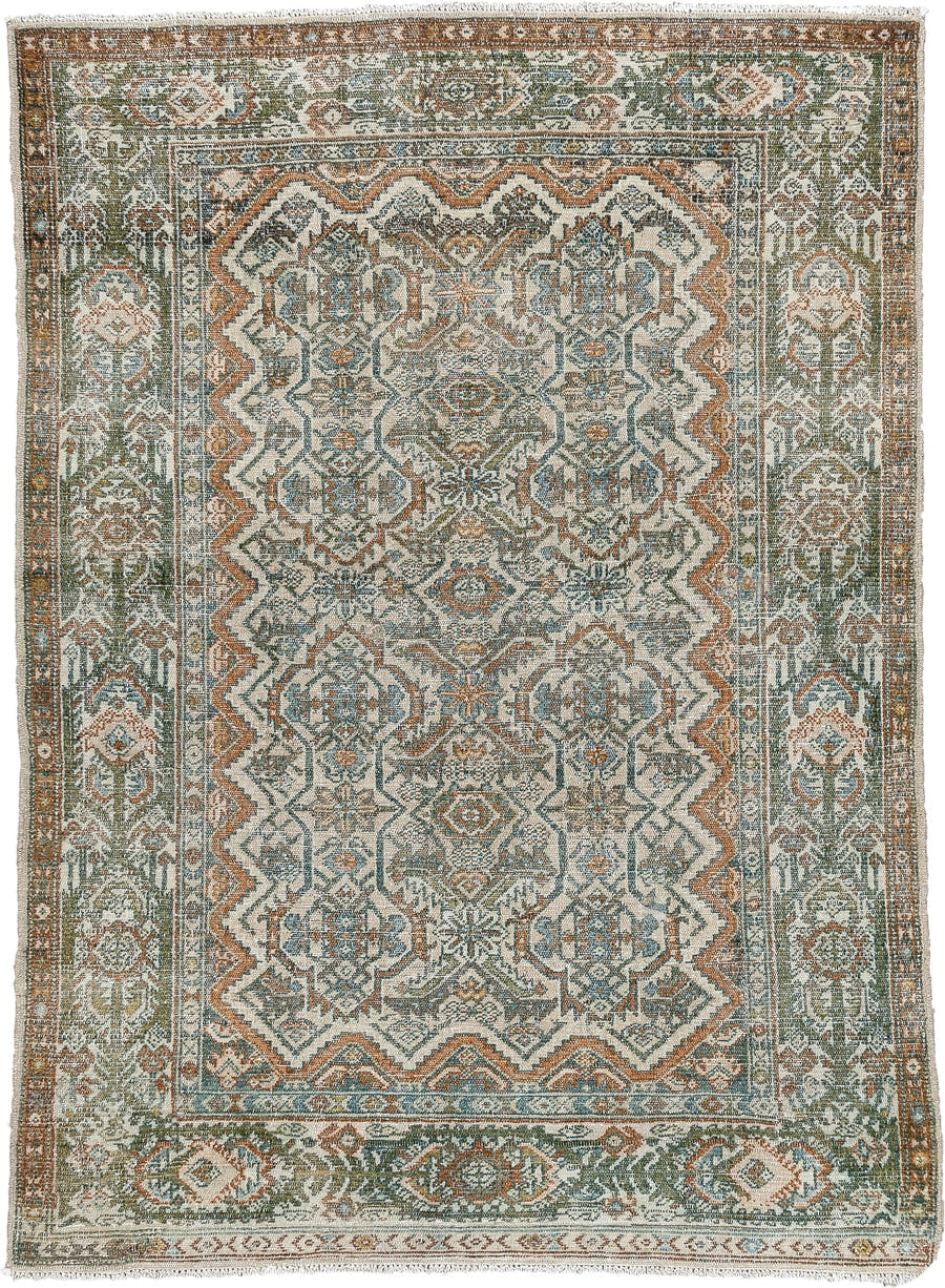 3' x 4' one-of-a-kind handmade antique Malayer small size rug. Color palette: ivory, sage, terracotta, teal, olive, charcoal