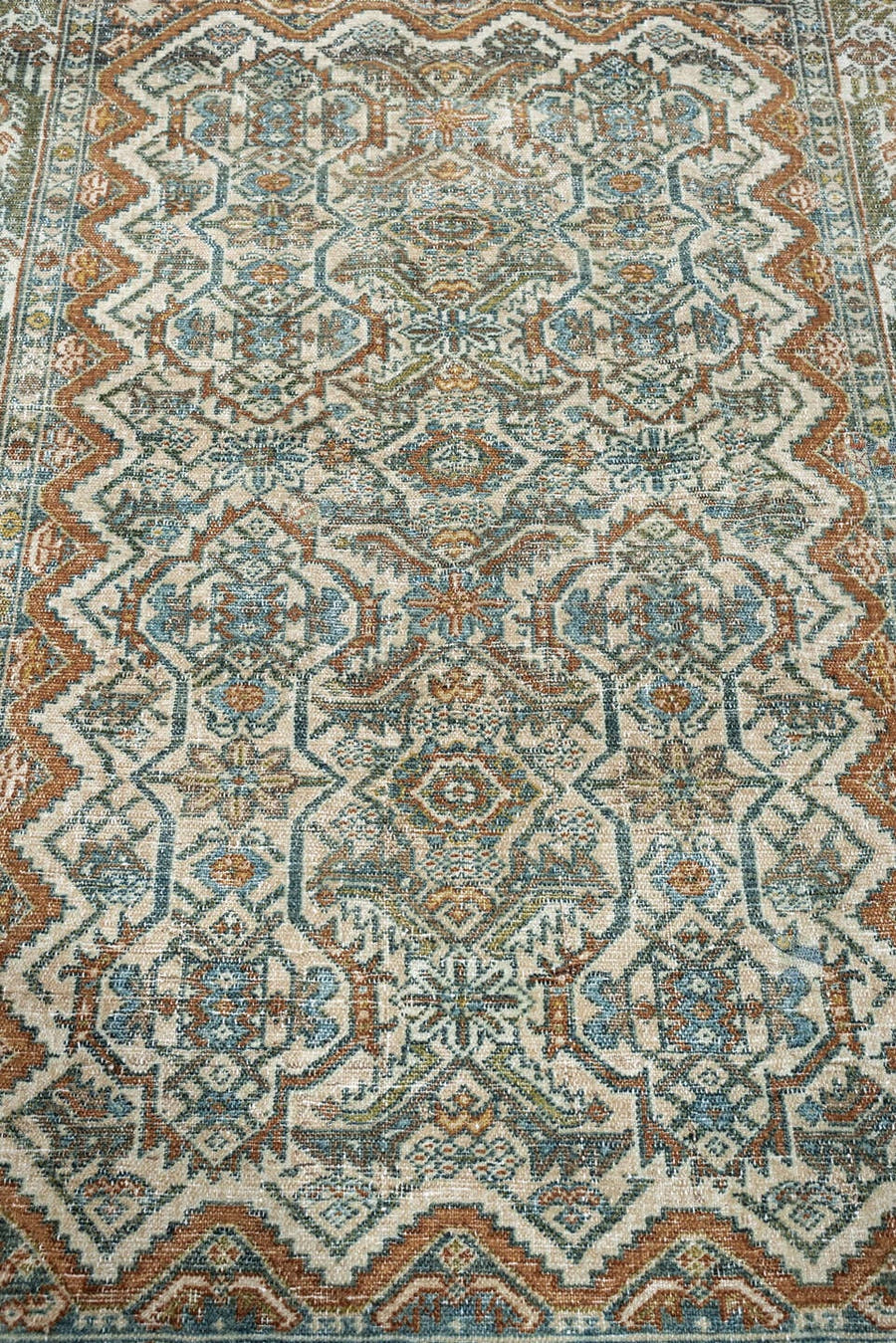 3' x 4' one-of-a-kind handmade antique Malayer small size rug. Color palette: ivory, sage, terracotta, teal, olive, charcoal