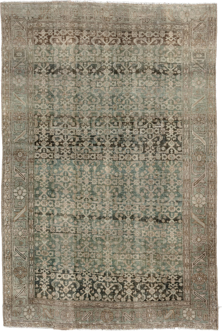 4' x 6' one-of-a-kind handmade antique Bidjar small size rug. Color palette: sage, taupe, ivory, charcoal, brown, olive