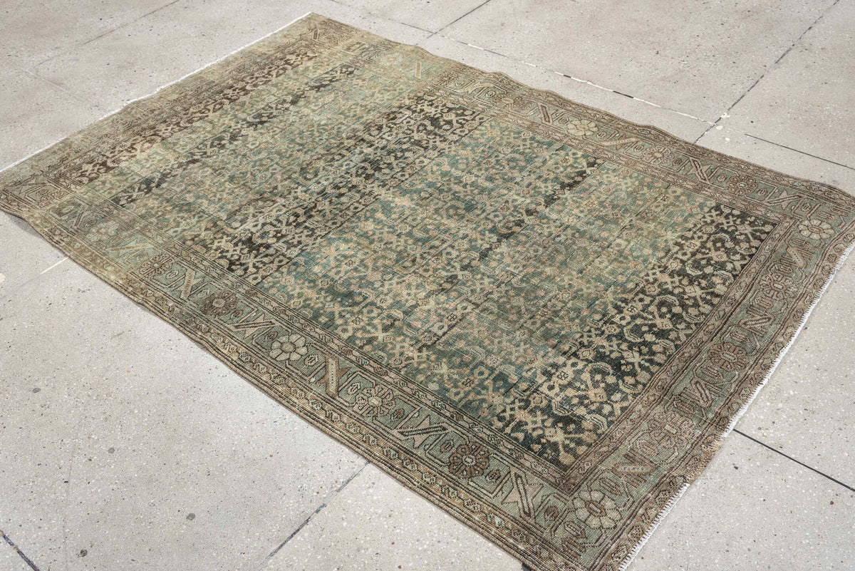 4' x 6' one-of-a-kind handmade antique Bidjar small size rug. Color palette: sage, taupe, ivory, charcoal, brown, olive
