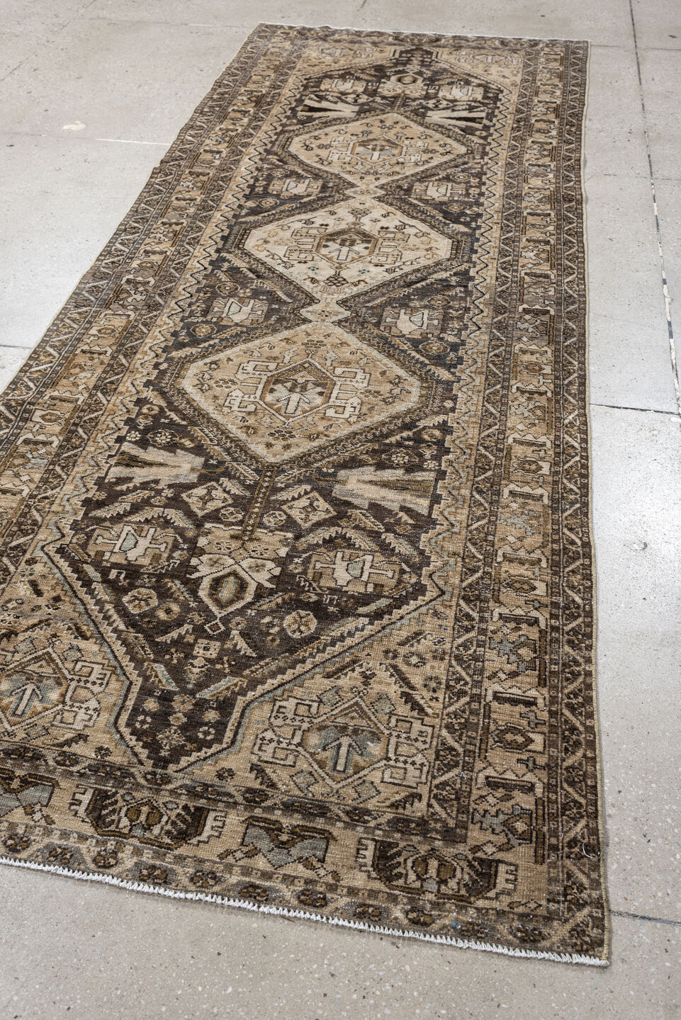 3' x 9' one-of-a-kind handmade antique Afshar runner rug. Color palette: ivory, charcoal, taupe, brown, camel, slate, ebony