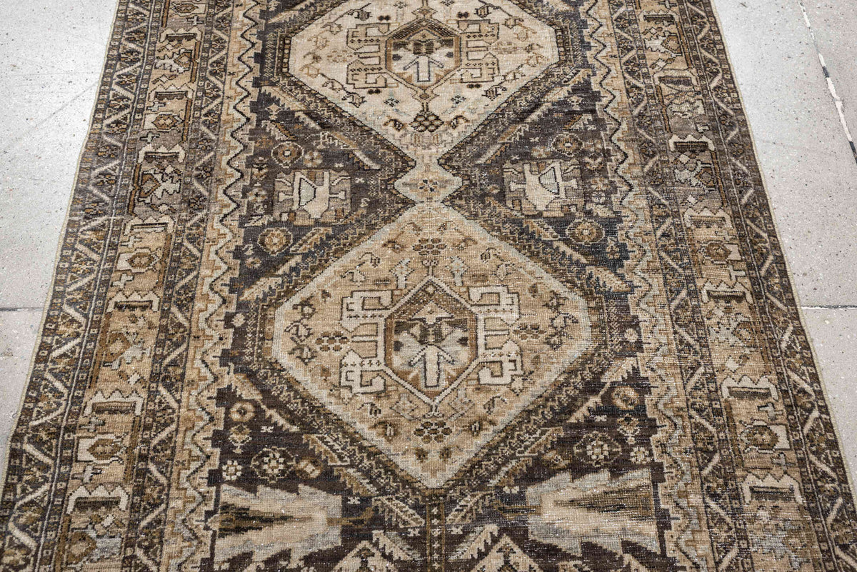 3' x 9' one-of-a-kind handmade antique Afshar runner rug. Color palette: ivory, charcoal, taupe, brown, camel, slate, ebony