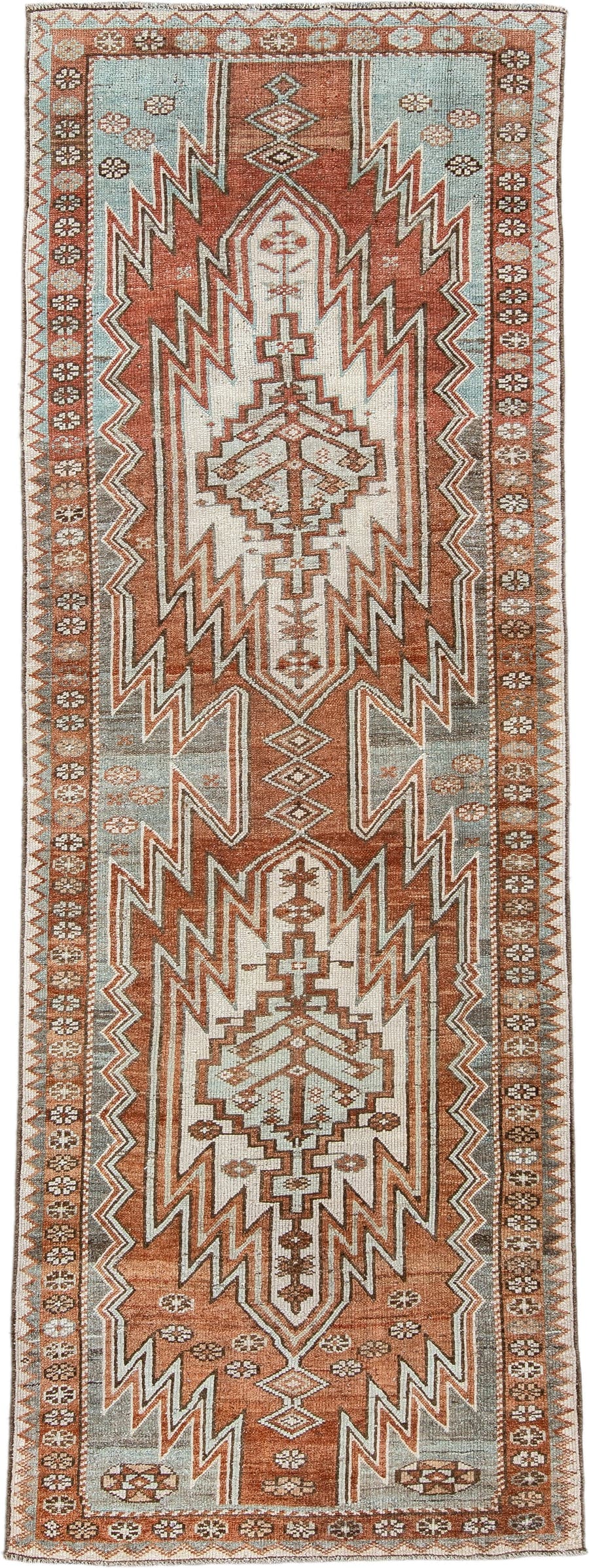 3' x 9' one-of-a-kind handmade antique Mazlagan runner rug. Color palette: rust, ivory, pale blue gray, terracotta, charcoal