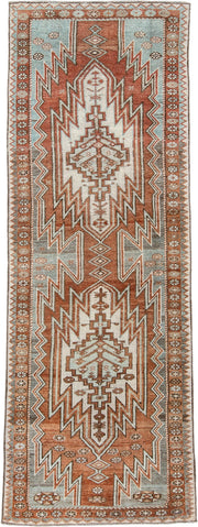3' x 9' one-of-a-kind handmade antique Mazlagan runner rug. Color palette: rust, ivory, pale blue gray, terracotta, charcoal