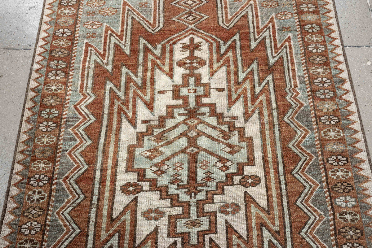 3' x 9' one-of-a-kind handmade antique Mazlagan runner rug. Color palette: rust, ivory, pale blue gray, terracotta, charcoal