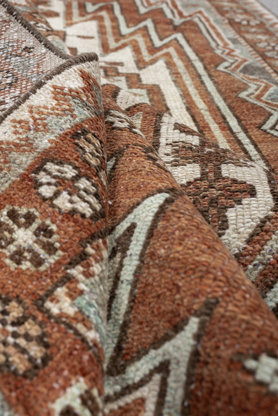 3' x 9' one-of-a-kind handmade antique Mazlagan runner rug. Color palette: rust, ivory, pale blue gray, terracotta, charcoal