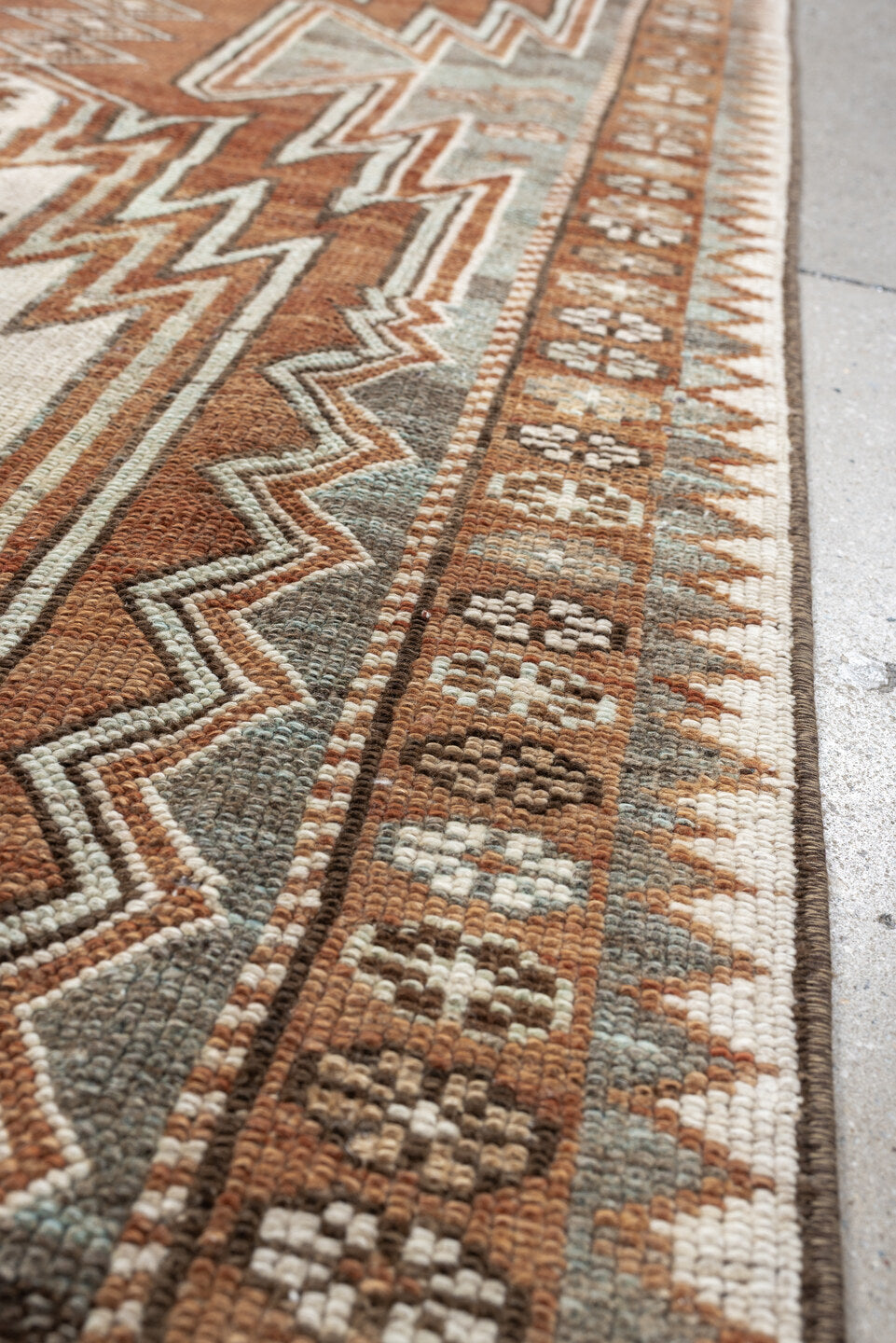 3' x 9' one-of-a-kind handmade antique Mazlagan runner rug. Color palette: rust, ivory, pale blue gray, terracotta, charcoal
