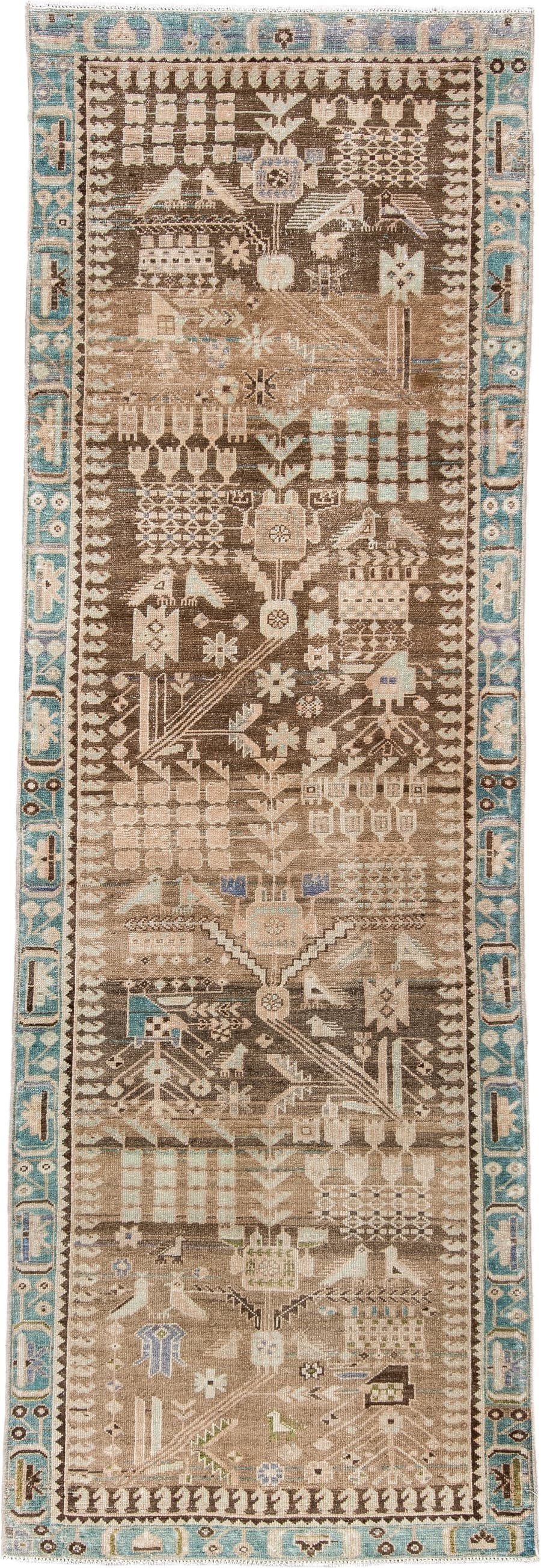 2' x 9' one-of-a-kind handmade antique Hamadan runner rug. Color palette: taupe, ivory, turquoise, brown, camel, slate blue