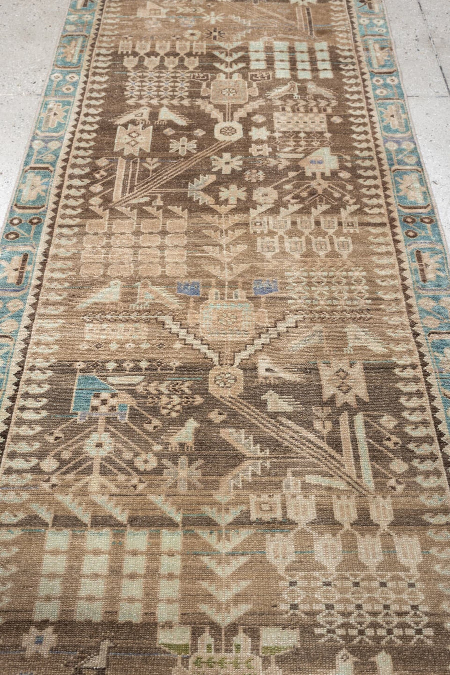 2' x 9' one-of-a-kind handmade antique Hamadan runner rug. Color palette: taupe, ivory, turquoise, brown, camel, slate blue
