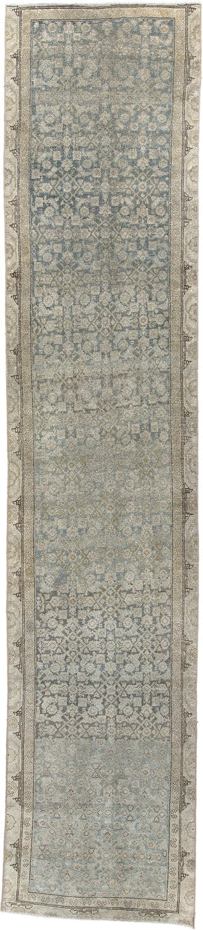 2' x 13' one-of-a-kind handmade antique Malayer runner rug. Color palette: blue gray, ivory, taupe, slate, charcoal, beige
