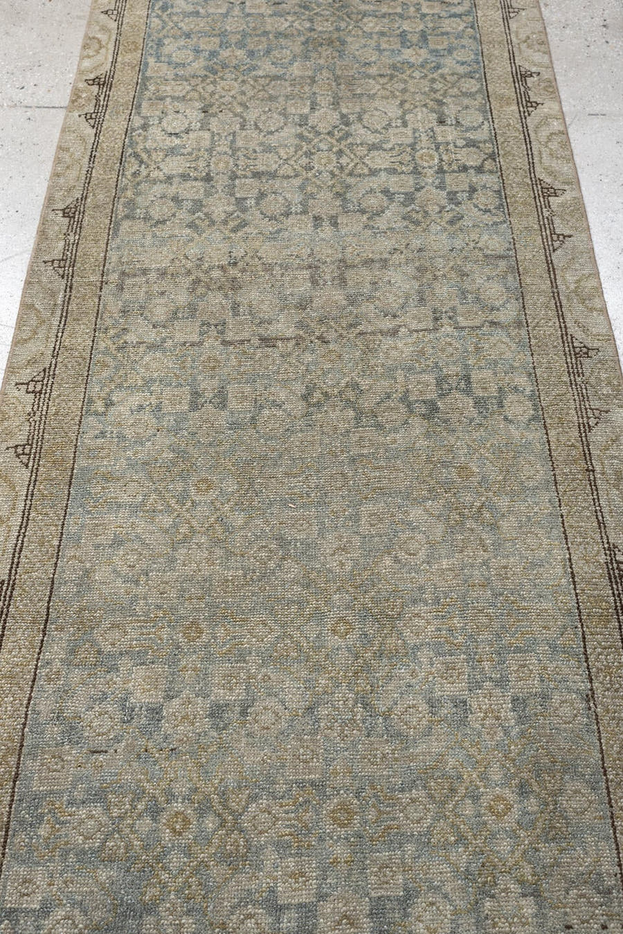 2' x 13' one-of-a-kind handmade antique Malayer runner rug. Color palette: blue gray, ivory, taupe, slate, charcoal, beige