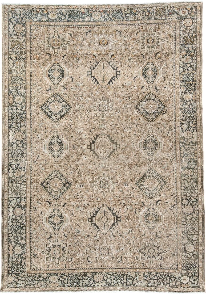 7' x 10' one-of-a-kind handmade antique Karaje large size rug. Color palette: taupe, ivory, charcoal, camel, sage, slate