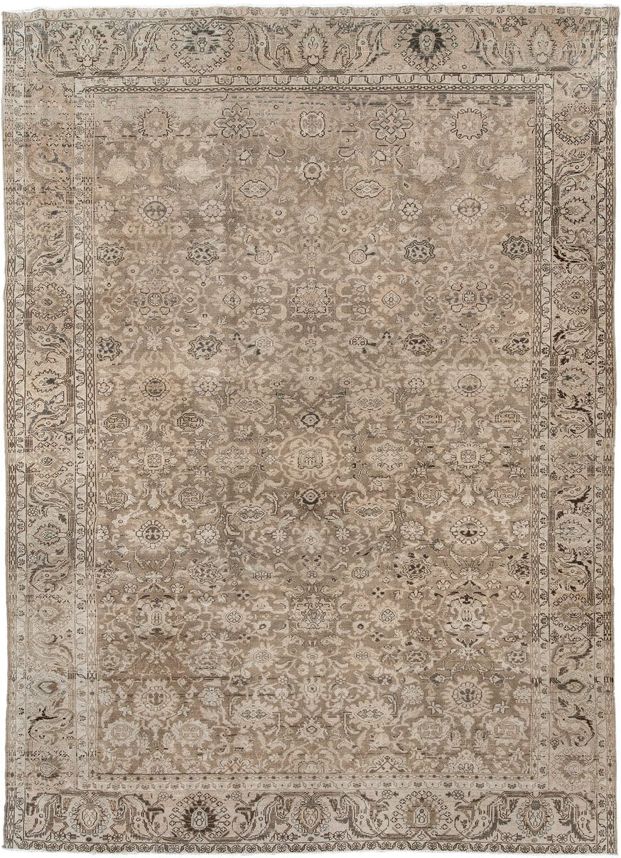 8' x 11' one-of-a-kind handmade antique Hamadan large size rug. Color palette: taupe, ivory, beige, charcoal, camel, sage