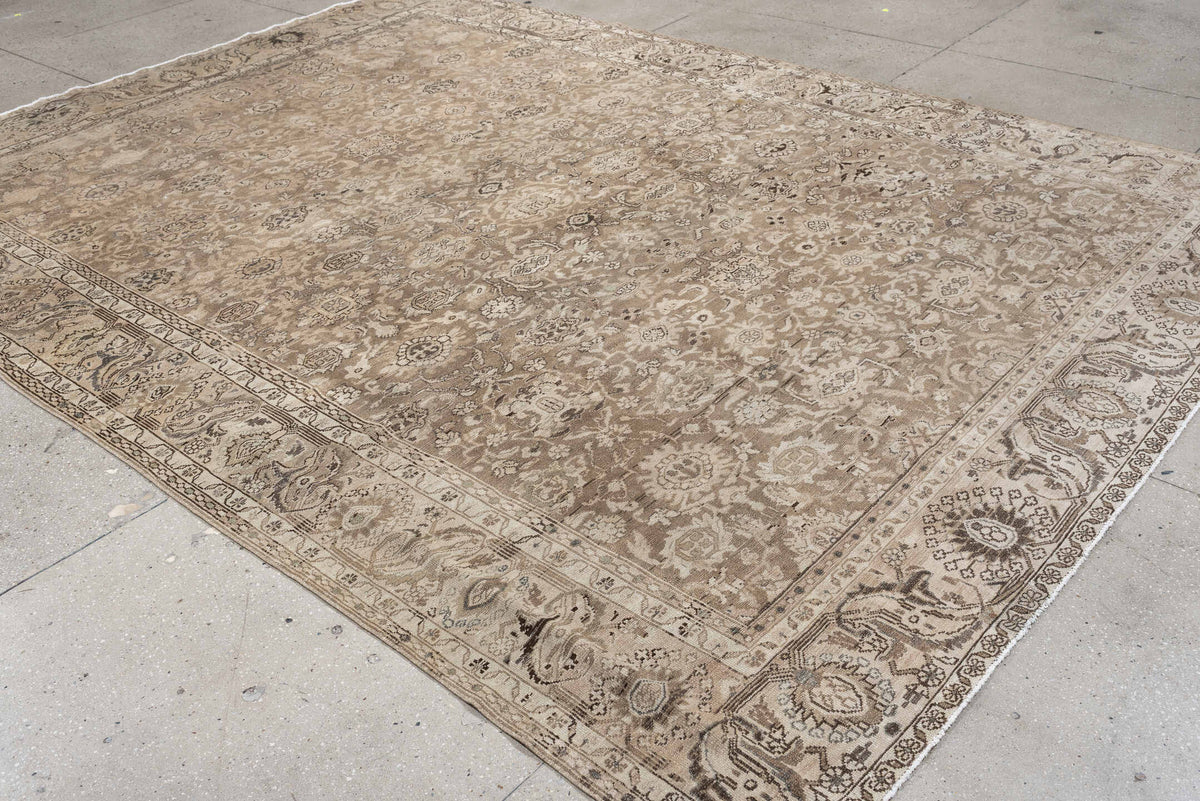 8' x 11' one-of-a-kind handmade antique Hamadan large size rug. Color palette: taupe, ivory, beige, charcoal, camel, sage