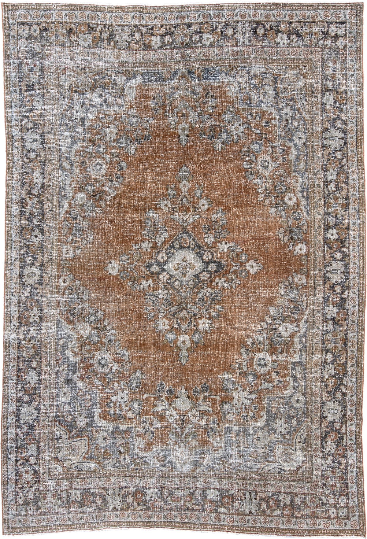 6' x 9' one-of-a-kind handmade antique Mahal large size rug. Color palette: terracotta, ivory, slate blue, taupe, charcoal
